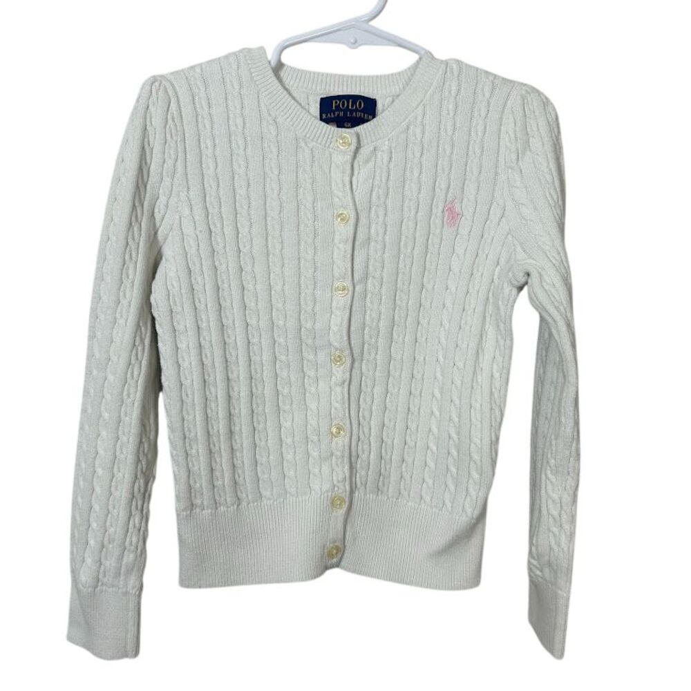 Polo Ralph Lauren Girls Cable Knit Cardigan Sweater 6X White Pink Pony Cotton